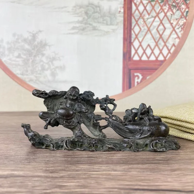 

Vintage Bronze Collectible Alloy Bag-Mounted Maitreya Buddha Home Living Room Study Office Desktop Decorative Ornament