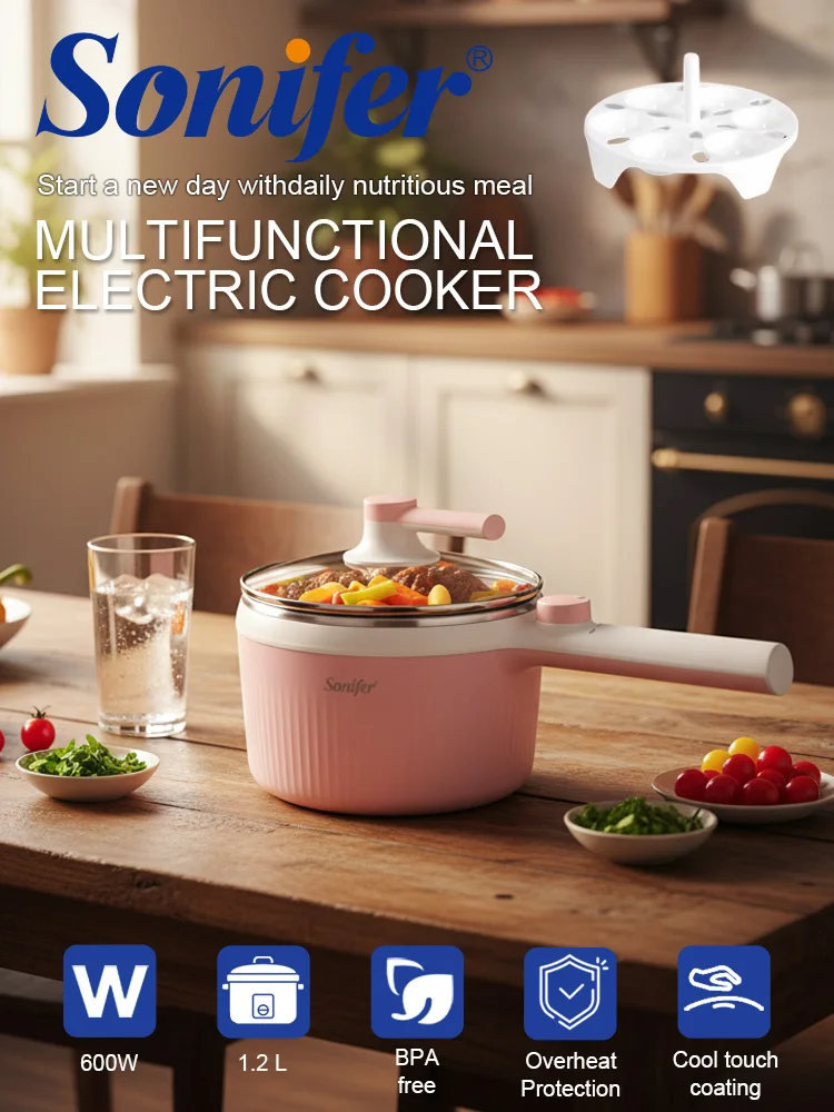 

Sonifer SF-1504 Long Handle Electric Cooker 1.2L 600W Mini Hot Pot with Egg Steamer 304 Stainless Steel Portable Noodles Pot