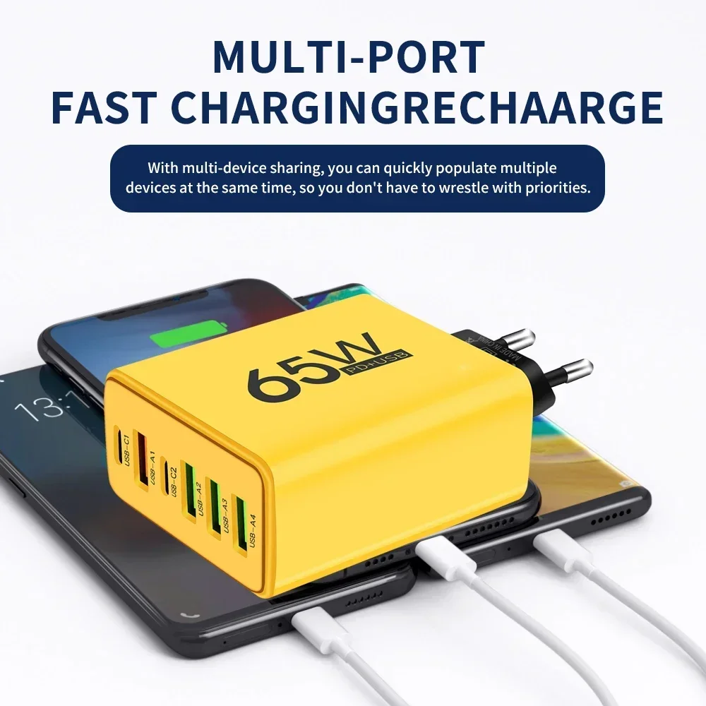 Yellow Fast Charging QC 3.0 65W 4USB A 2USB C Ports Charger Type C Travel Charge Adapter For OnePlus Samsung Xiaomi Wall Charger