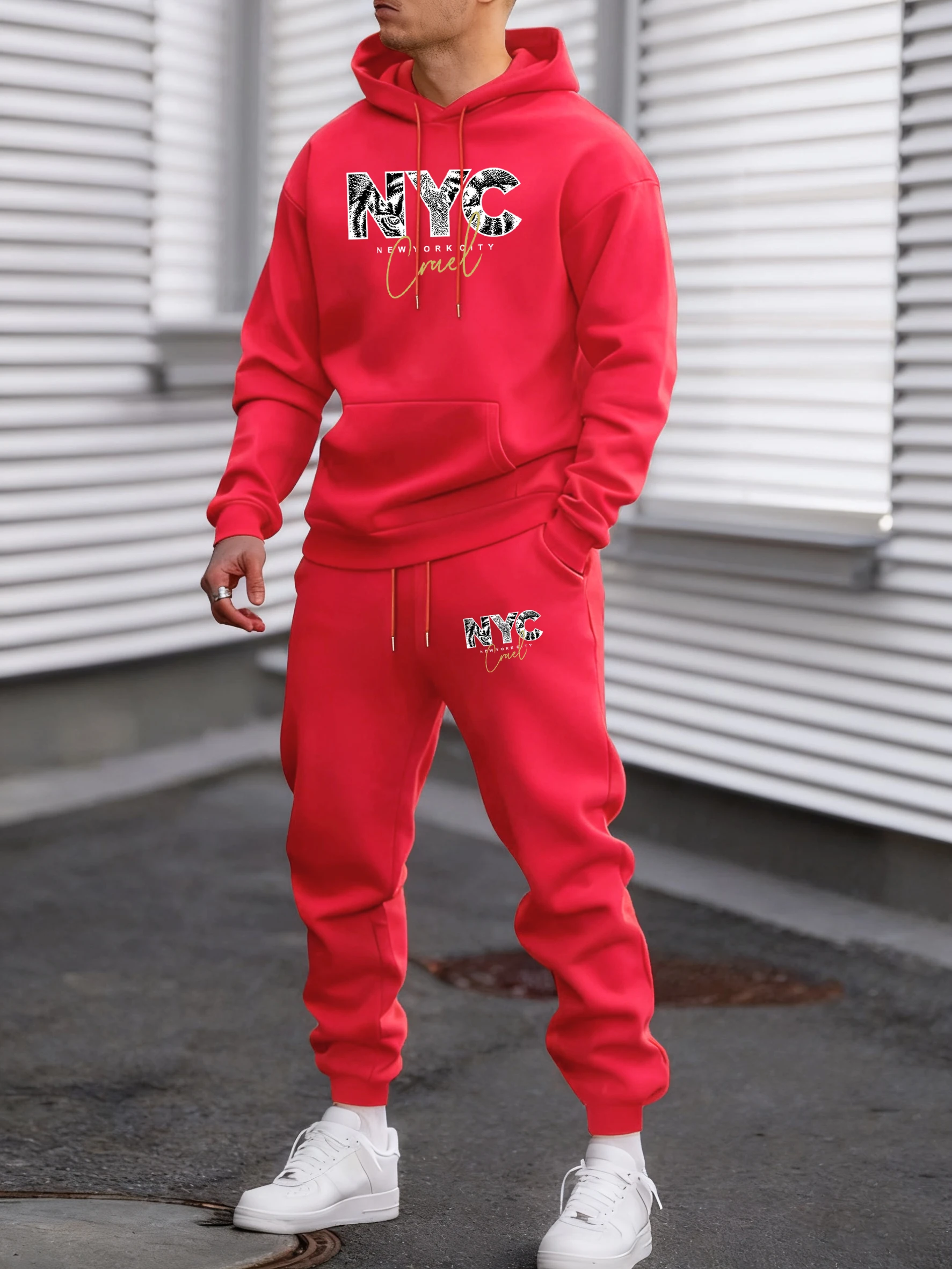 

New York City Art Alphabet Printing Men Sportsuit Retro Fleece Fashion Set Basics Simple Pants Unisex Casual Loose Clothes