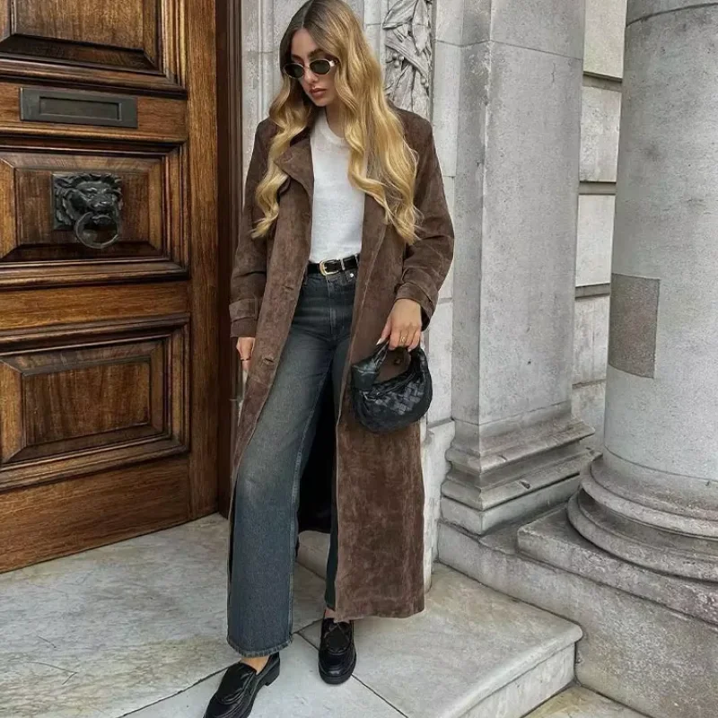 

2025 Autumn High Street Outwear ﻿ Chic Elegant Suede Lapel Double-breasted Windbreaker Women Long Sleeve Fashion Brown Coat