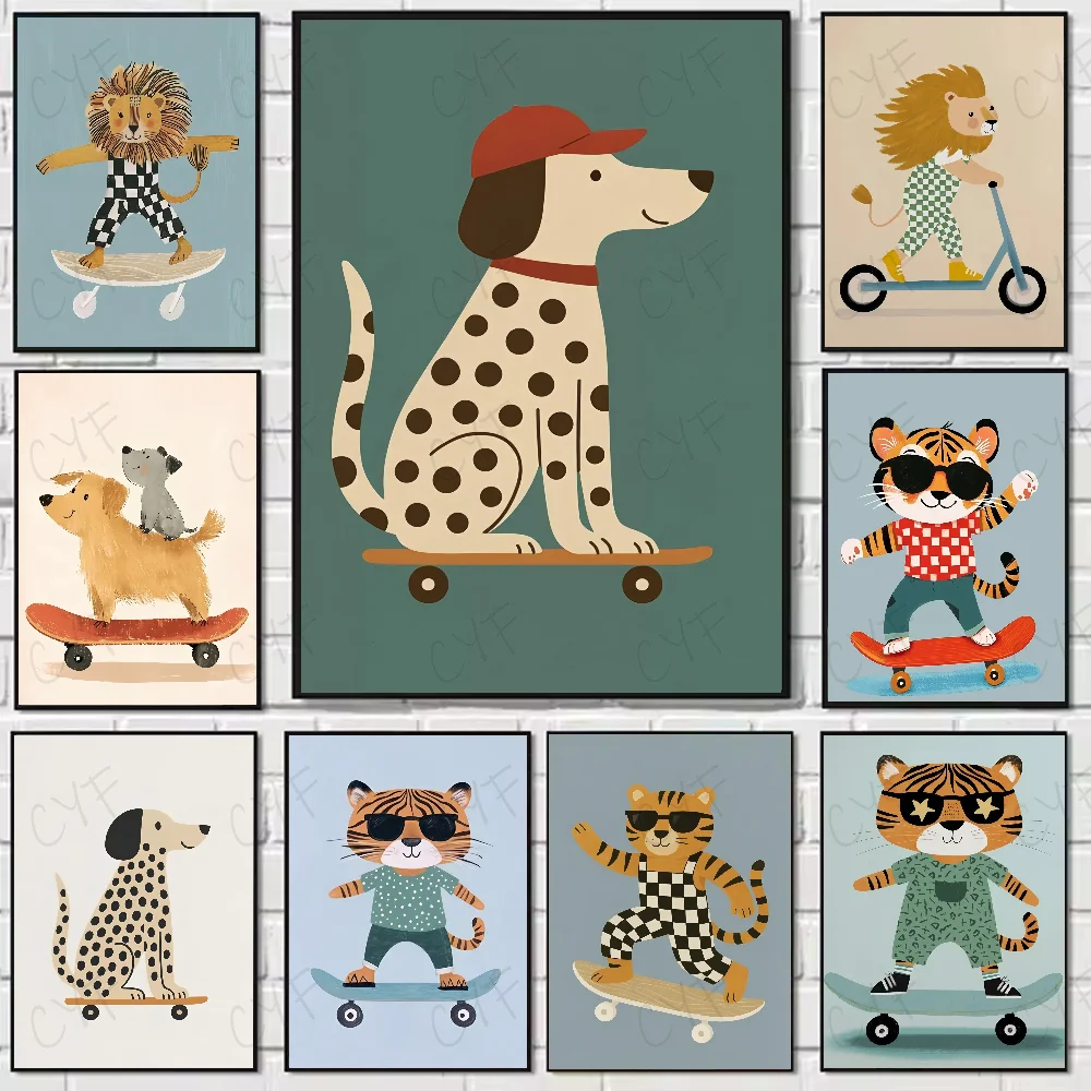 

Fun Rabbit Dog Cat Lion Skateboard Poster Living Bed Room Bar Hallway Sticky Wall Art Printing Waterproof Aesthetic Decor