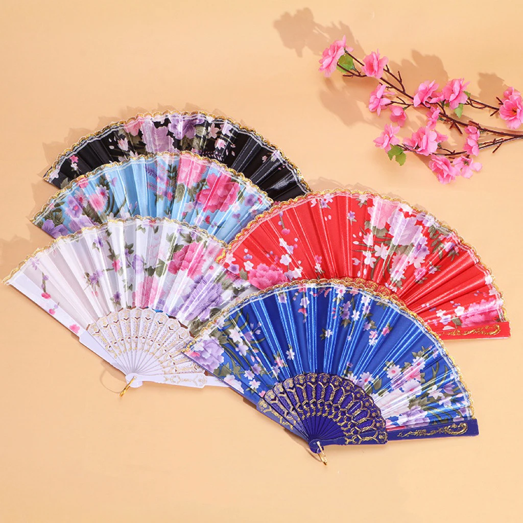Éventail pliant traditionnel chinois en tissu de soie, bord doré, Cheongsam, éventail de danse Vintage imprimé fait à la main