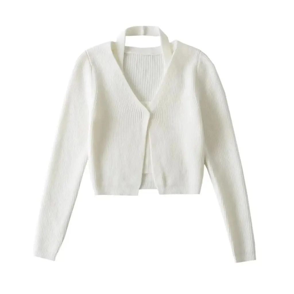 

Women's Halter Style Cardigan Slim Fit Long Sleeve One Button Sweater Autumn Hot Style Fake Two-Piece Set Wholesale