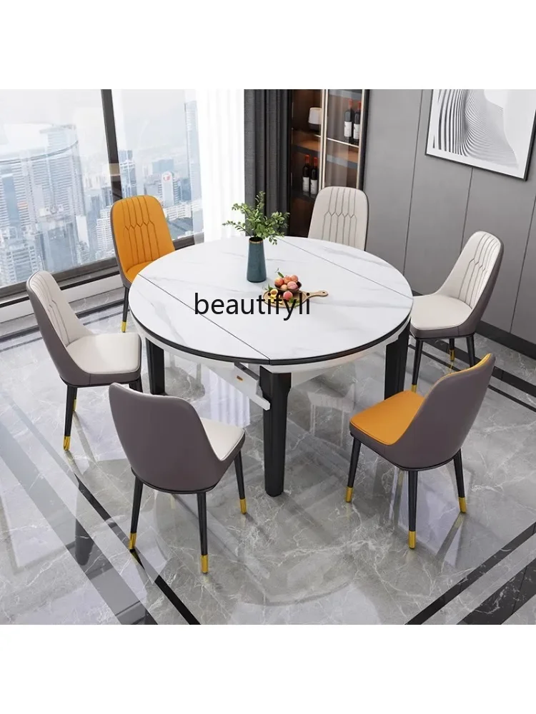 

07Modern Light Luxury Stone Plate Dining Tables and Chairs Set Jumping Platform Dining Table Retractable Italian Design