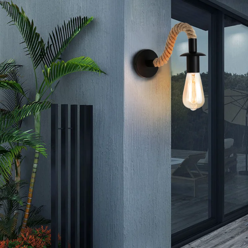

Retro Hemp Rope Bedside Lamp Dining Room Bedroom Light .E27 Edison Bulb Iron Wall Lamp Indoor Loft Industrial Wall Light