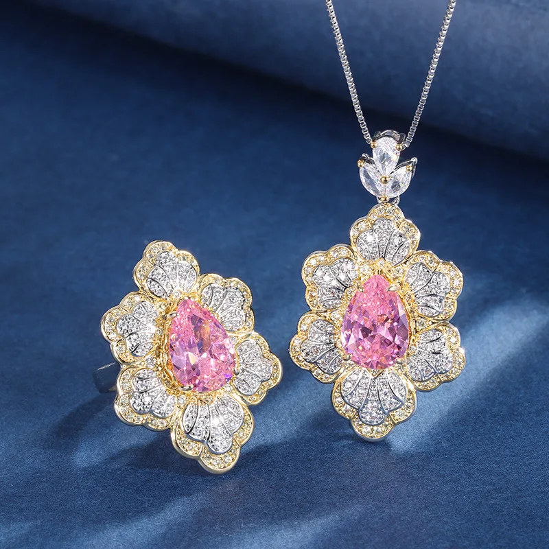

Jewelry set with gold-plated copper base, European and American style, cherry blossom pink diamond, creative floral design, full