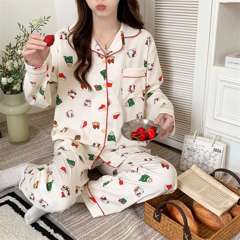 Christmas HelloKitty pajamas cotton long-sleeved trousers two-piece set cartoon Christmas tree loungewear Sanrio women\'s pajamas