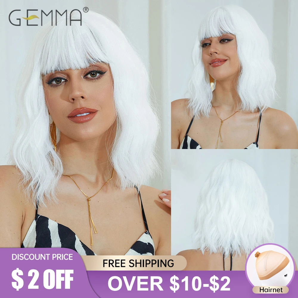 Synthetic Platinum Blonde Shoulder Long Curly Wig with Bangs White Halloween Wigs for Women Heat Resistant Cosplay Lolita Hair