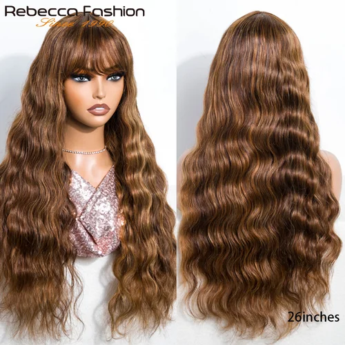 Pelucas de cabello humano ondulado P4/30/27 con flequillo, pelucas brasileñas 180D hechas a máquina para mujeres, pelucas de Cosplay, cabello QVR