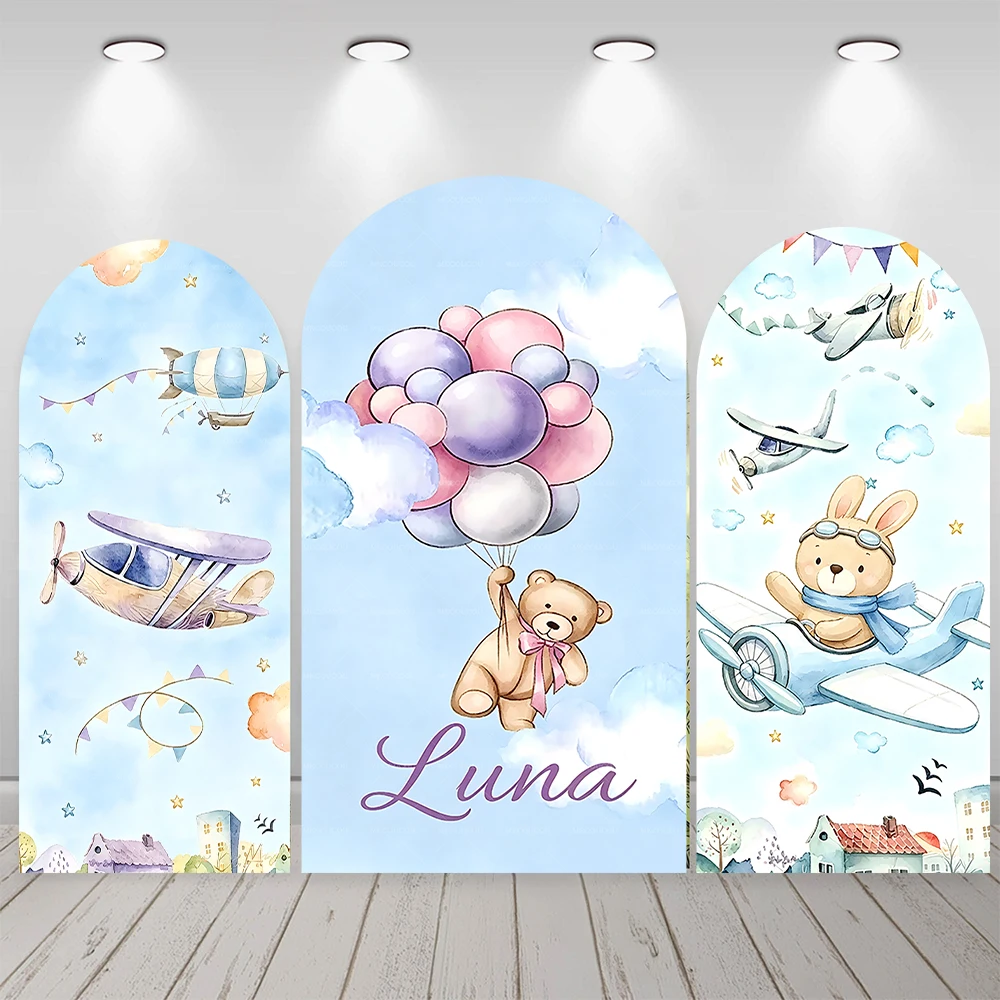 Adventure Theme Party Arch Backdrop Pilot Bear Hot Air Balloon Luggage Children's 1st Birthday Party Decoration Photography Prop