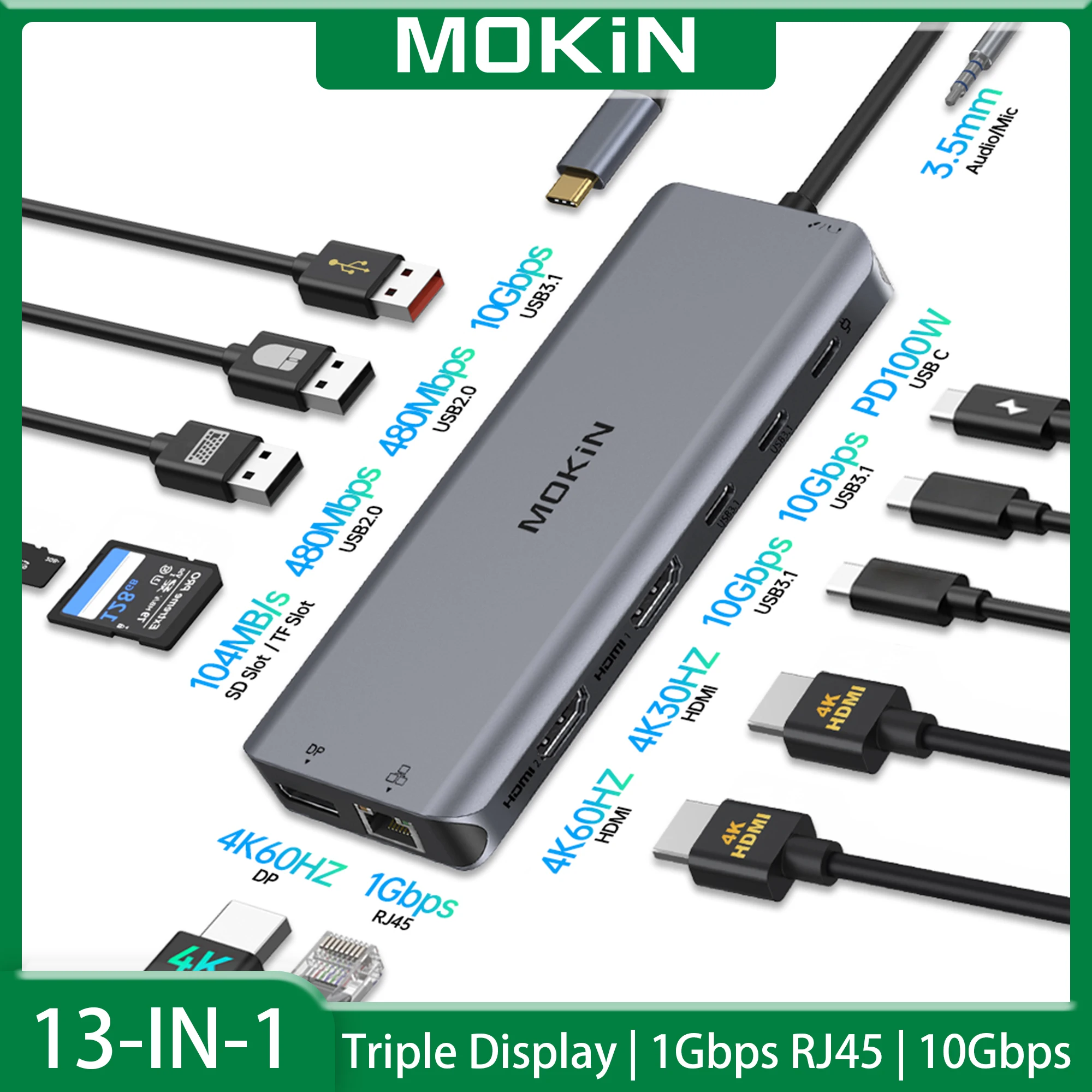 

Док-станция для ноутбука, адаптер для 4K HDMI + DP + USB 3,1/2,0 + RJ45 + аудио + SD/TF + 100 Вт PD