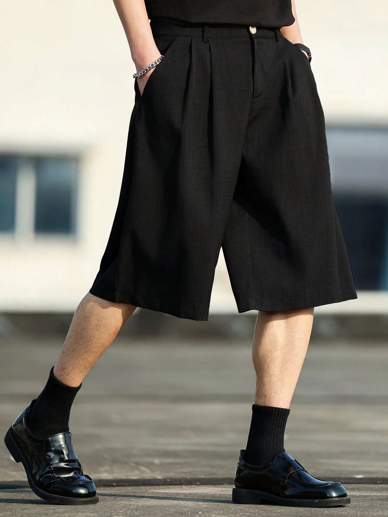 

Black Loose Men's Suit Shorts Summer Drapey Five-Button Casual High-Waisted Straight Leg Wide Leg Mid-Length Pants