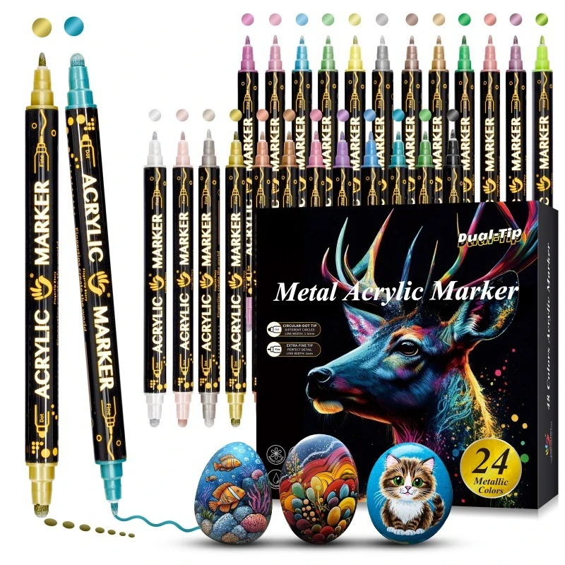 

24-цветная акриловая краска для маркировки, двойной наконечник, нетоксичная, быстросохнущая, тонкое перо, керамика, стекло, металл, дерево, целлофан