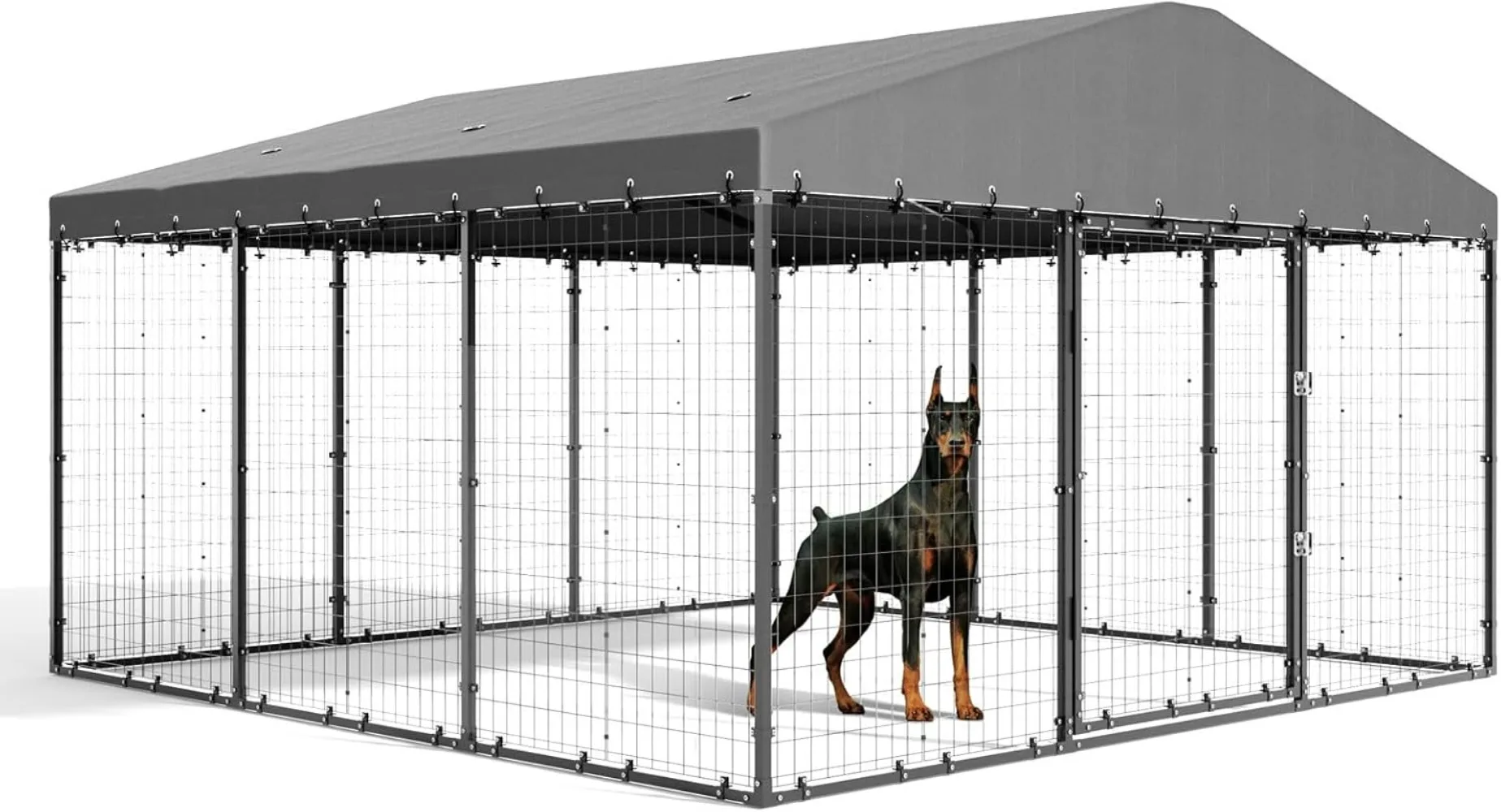 

Large Outdoor Dog Kennel, 118" x 118" x 70" - Rustproof Metal Mesh Dog Enclosure with UV & Waterproof Fully Covered Roof, Double