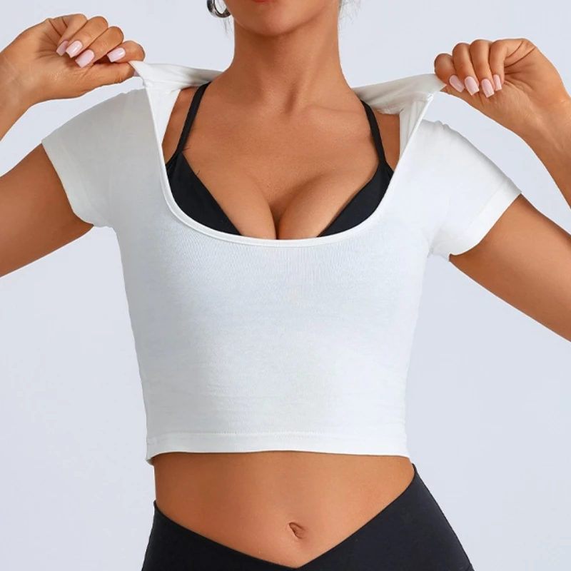 

2025 Summer Slim Sports T-shirt Sexy Yoga shirt Women Short Sleeve U-Neck Black White Crop Tops Y2k Female gym yoga top cover-up
