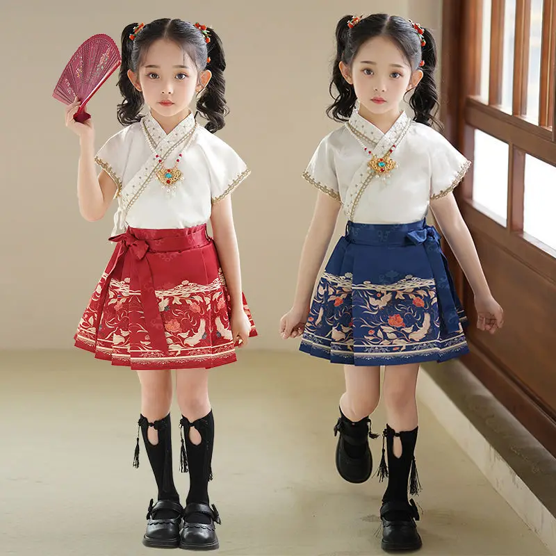 

Детский комплект из двух предметов Hanfu, новый стиль 2025 года, маленькая фея в китайском стиле, милый и милый комплект с юбкой в китайском стиле для девочек с лицом лошади