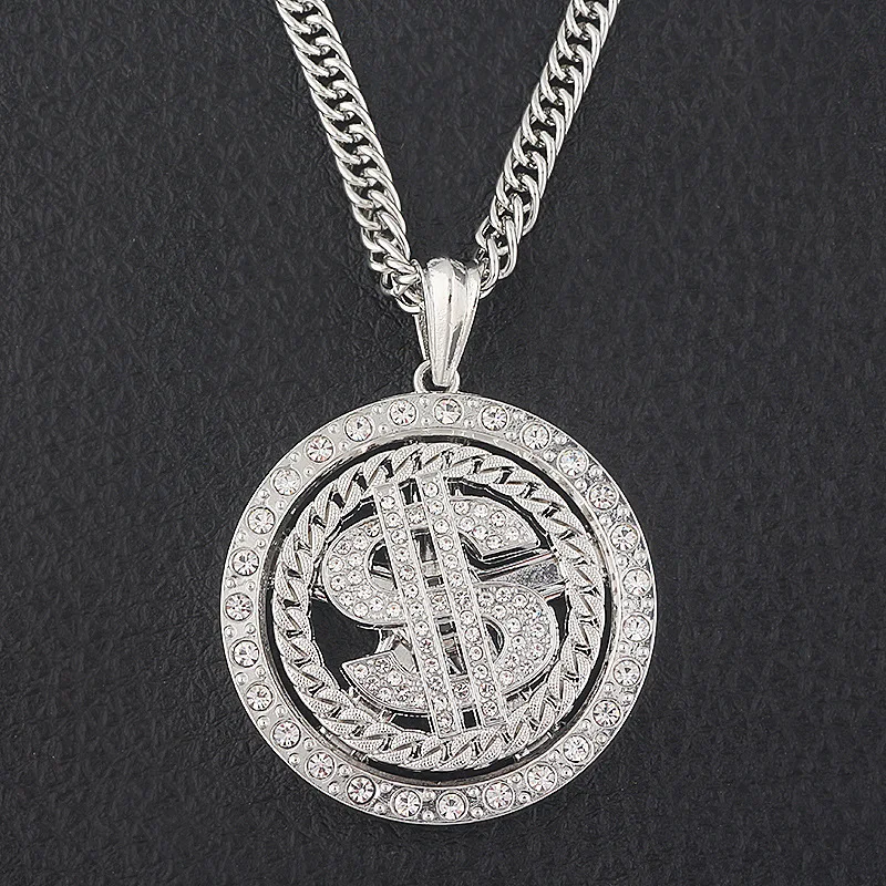 Funny Rapper Hip Hop Alloy Pendant Cosplay Upgrade Rotatable Dollar Sign Necklace Punk Rhinestones Long Chain Jewelry Xmas Gift