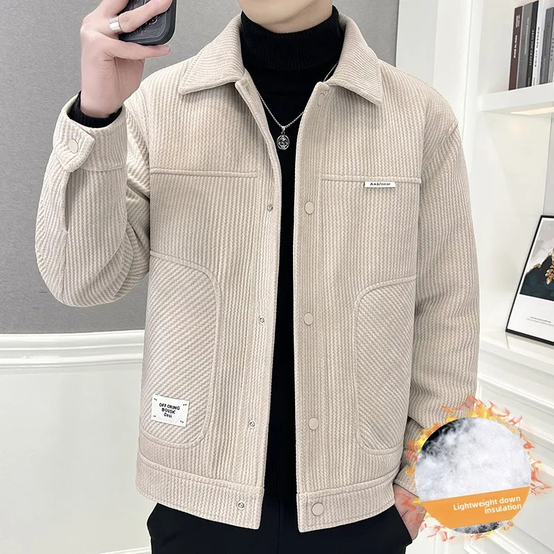 

Легкая приталенная мужская пуховая куртка: модное молодежное шерстяное пальто с утолщенным отложным воротником, осенне-зимняя новинка