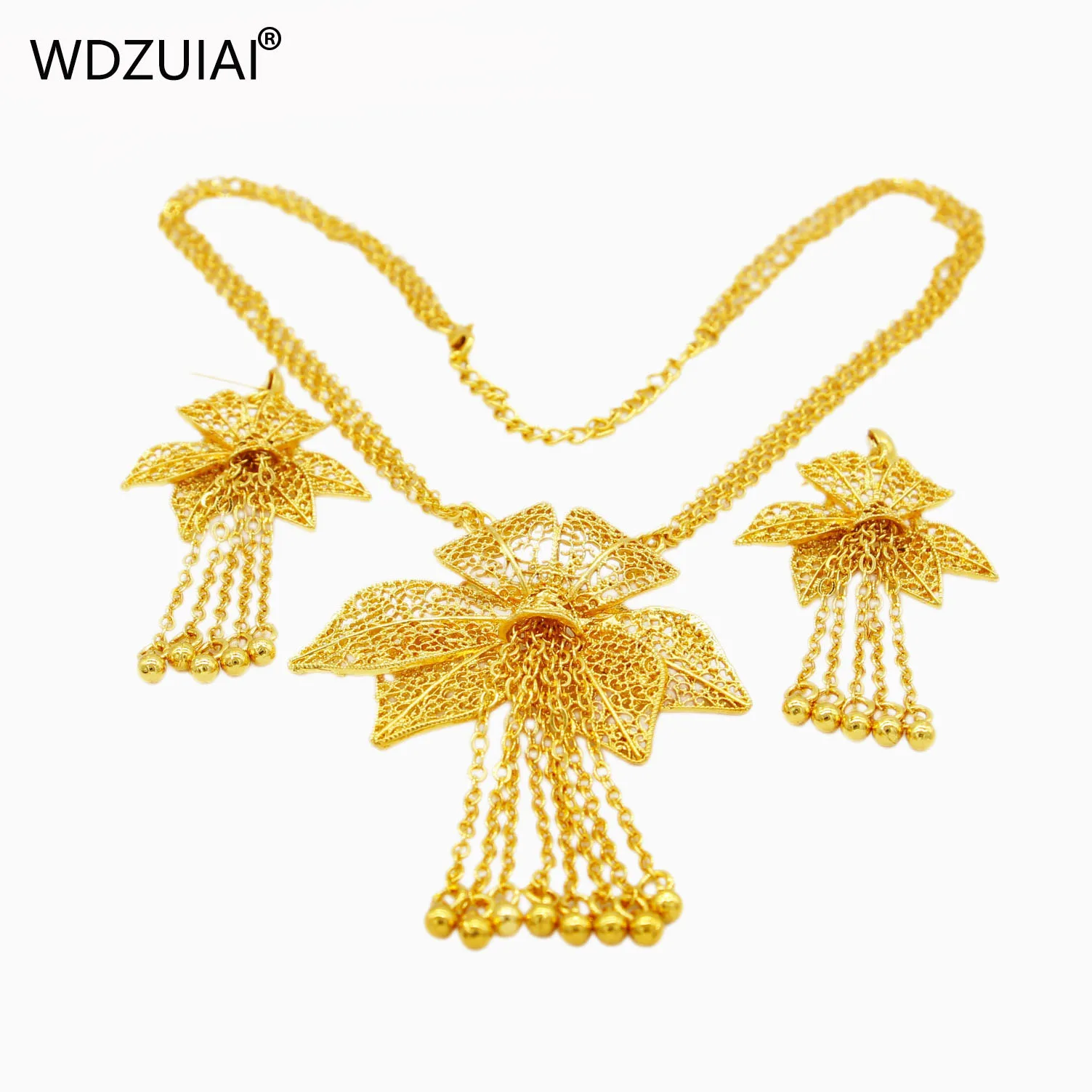 WDZUIAI Dubai Glod Color Flower Tassels Necklace&Earrings Jewelry Sets African Ethiopian Women Bridal Wedding Upscale Jewelry