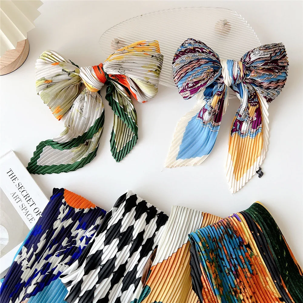 New Floral Print Pleated Silk Scarf Square Neck Scarves Crinkle Hair Bands Scarf Bandana Satin Hijab Head Wraps Neckerchief