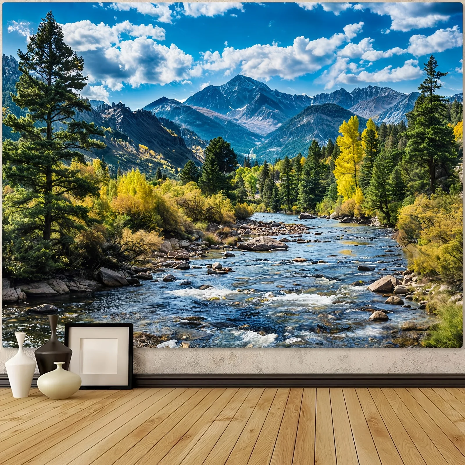 Mountain River Wall Tapestry Autumn Landscape Art Print Nature Decor For Bedroom Living Room Zen Theme Home Interior Hanging