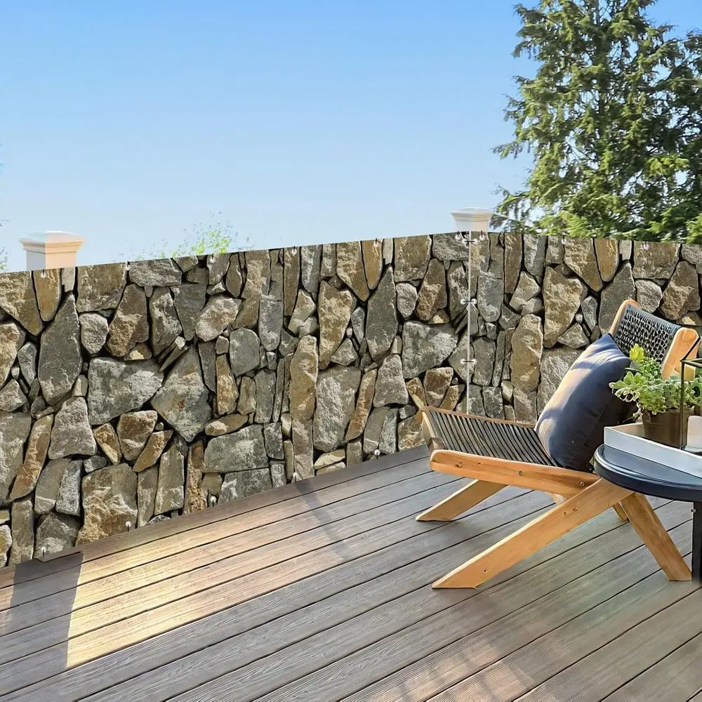 

Custom PVC Privacy Screen with Stone Wall Design - Waterproof Outdoor Patio, Balcony, Garden Privacy Cover