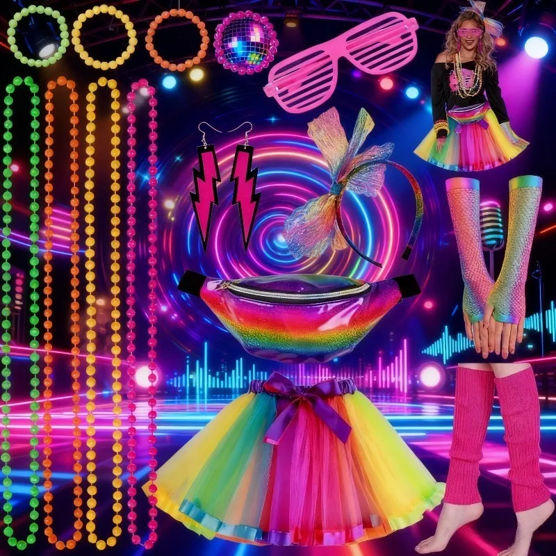 

Photography clothing 80s ball accessories set retro clothing set with gloves leg protection necklace disco themed party headband