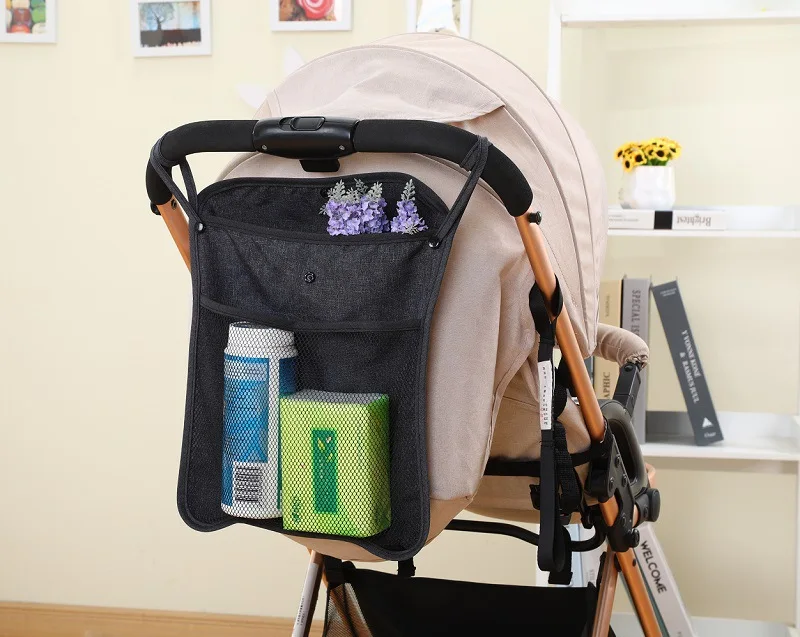 Baby Stroller Hanging Bag Organizer Baby Stroller Trolley Portable Multifunctional Large Capacity Storage Double Pocket Mesh Bag