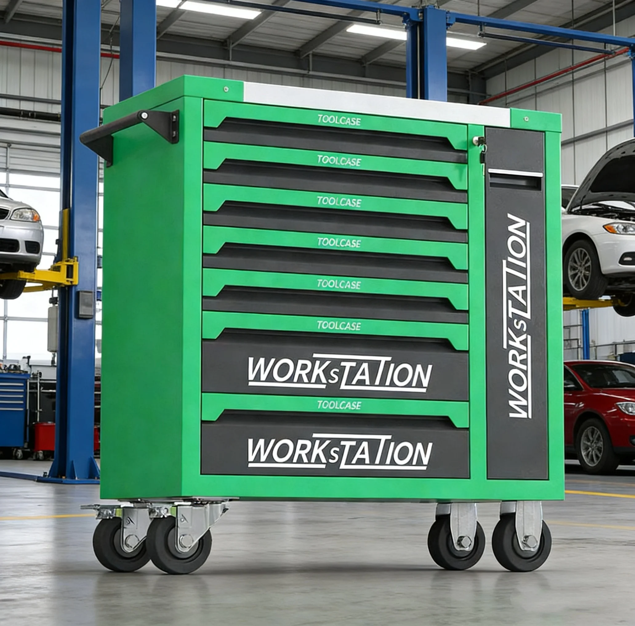 

7-Drawer Mobile Steel Workshop Tool Cart/Trolley Side Drawers Swivel Casters Silent Sliding Rails Multifunctional Design