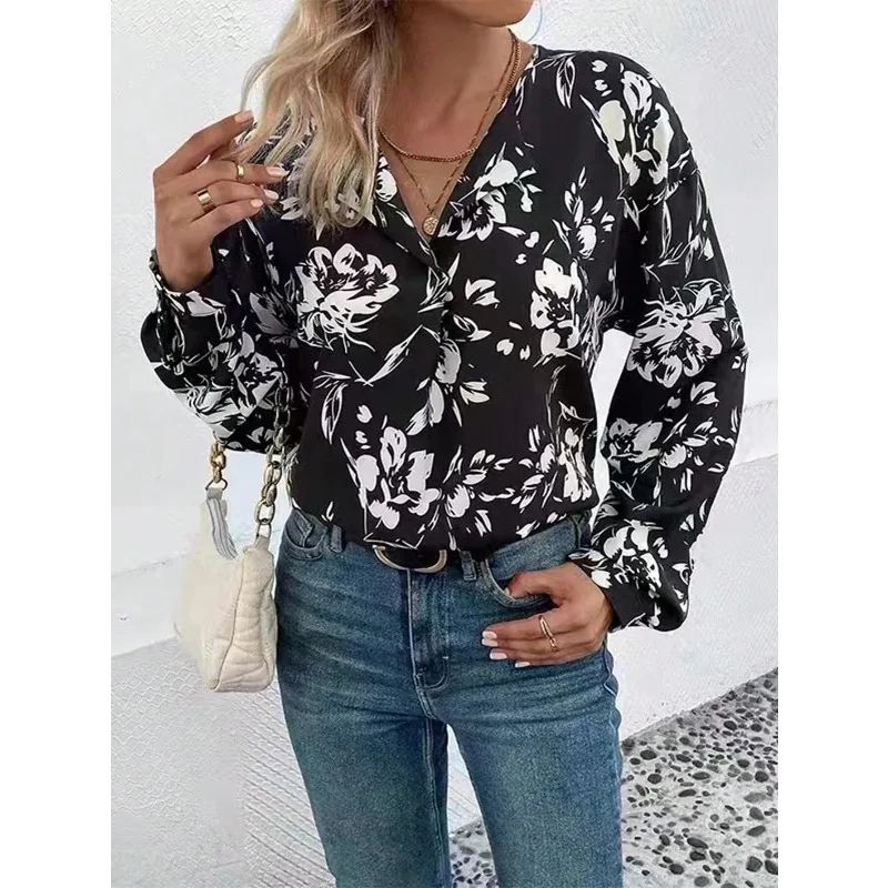 حجم كبير 1XL-5XL جديد المرأة قميص مطبوع ربيع الخريف قمصان طويلة الأكمام موضة الخامس الرقبة أنيقة النساء البلوزات الإناث