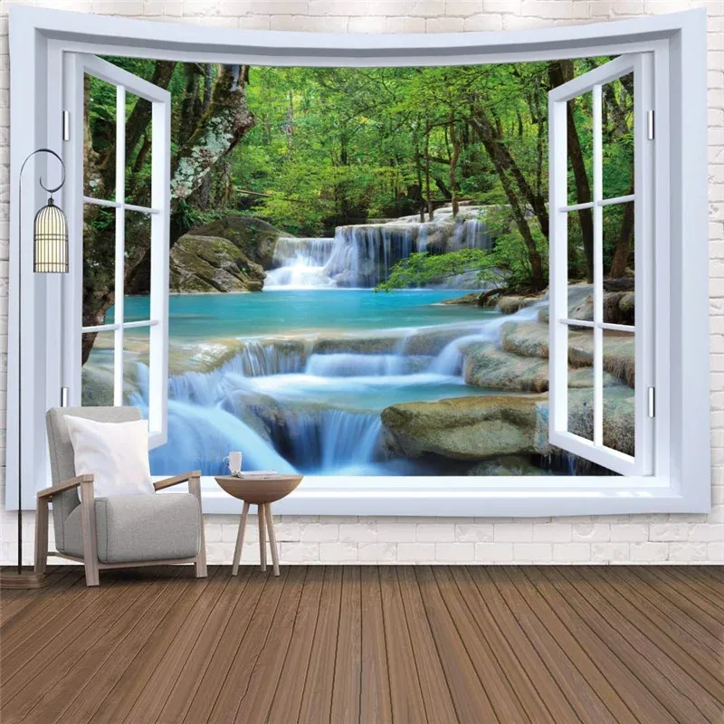 VIKAMA 3D Window View Tropical Sunrise Tapestry | Forest Scenery Wall Art | Home Decor for Living Room Bedroom Dorm