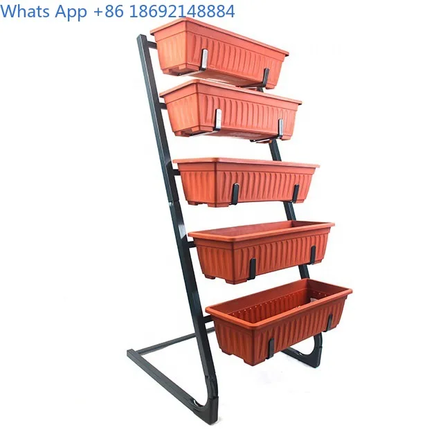 5 Tier Metal Standing Garden Plant Stand with Plastic Flower Pots for Greenery Display