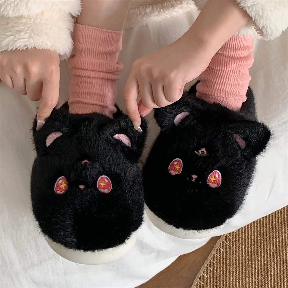 Sweet Cartoon Little Black-Cat pantofole in cotone House Slides pantofole in Memory Foam Scuff scarpe da camera da letto in peluche con fodera in pelliccia sintetica