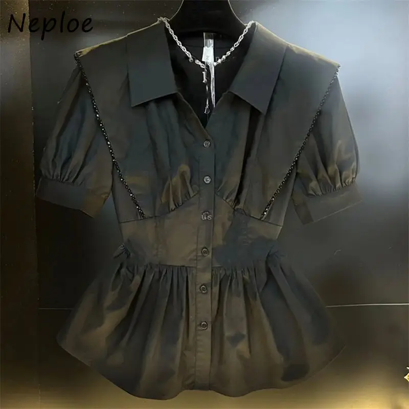 Neploe Elegant Vintage Lapel Neck Blouses 2024 Summer New Single Breasted Shirts Women Y2k Ruched Puff Sleeve Blusas Mujer