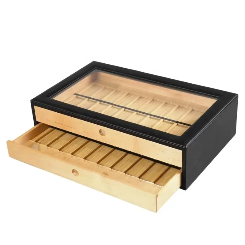 

Bamboo strap case organizer men's strap display box with 2 sliding drawers