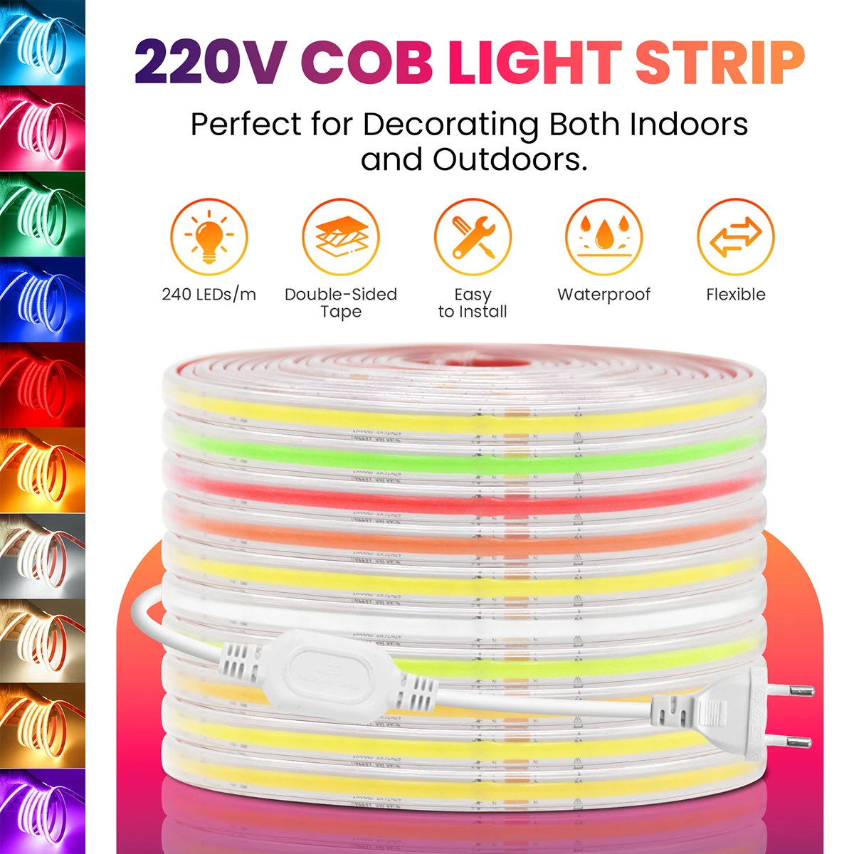 COB IP65 Waterproof LED Light Strip AC 220V With EU Plug 240LEDs/m Warm Green Blue Pink Cuttable Flexible Bright Linear Lighting