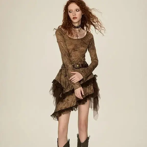 

Dress Niche Design Autumn Winter New Women Long-Sleeved Mesh Splicing Wasteland Style Slim Brown