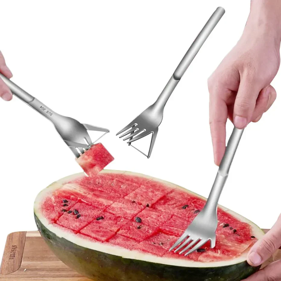 2-in-1 Watermelon Cutter Stainless Steel Fruit Slicer Knife Watermeton Corer Tong Watermenlon Cut Tool with Fork