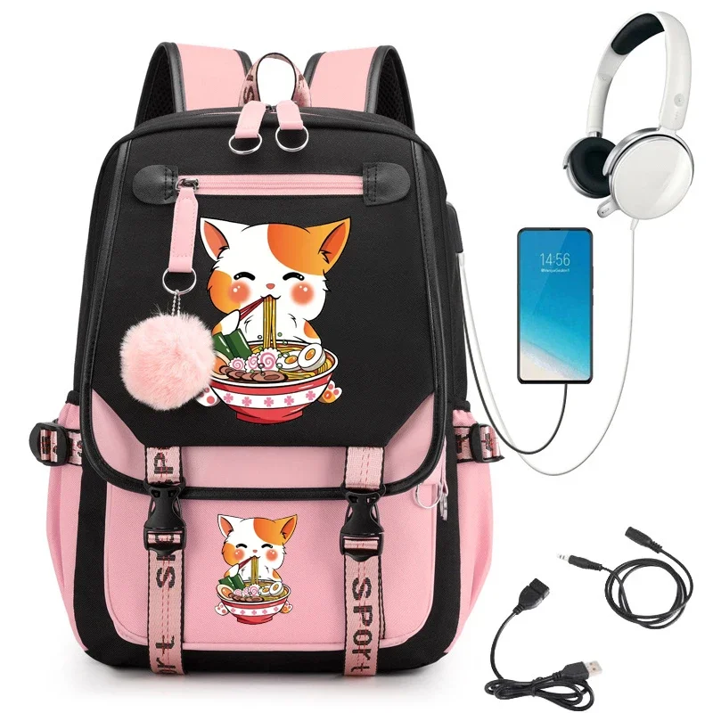 Gato comendo Ramen Anime Mochila de Nylon, Mochila Adolescente, Mochila Feminina, Bolsa de Ombro, Mochila Escolar, Preto, Moda, Menina