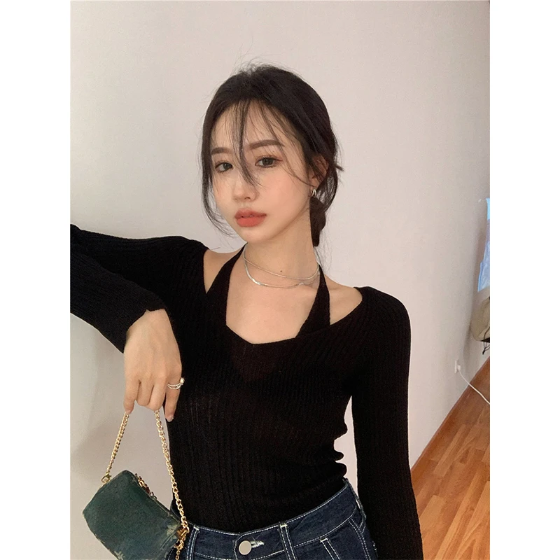 Korean Style Fake Two-Piece Halter White Sweater T-shirt Women\'s Autumn 2024 New Long Sleeve Slim Tight Bottoming Sweater Tops