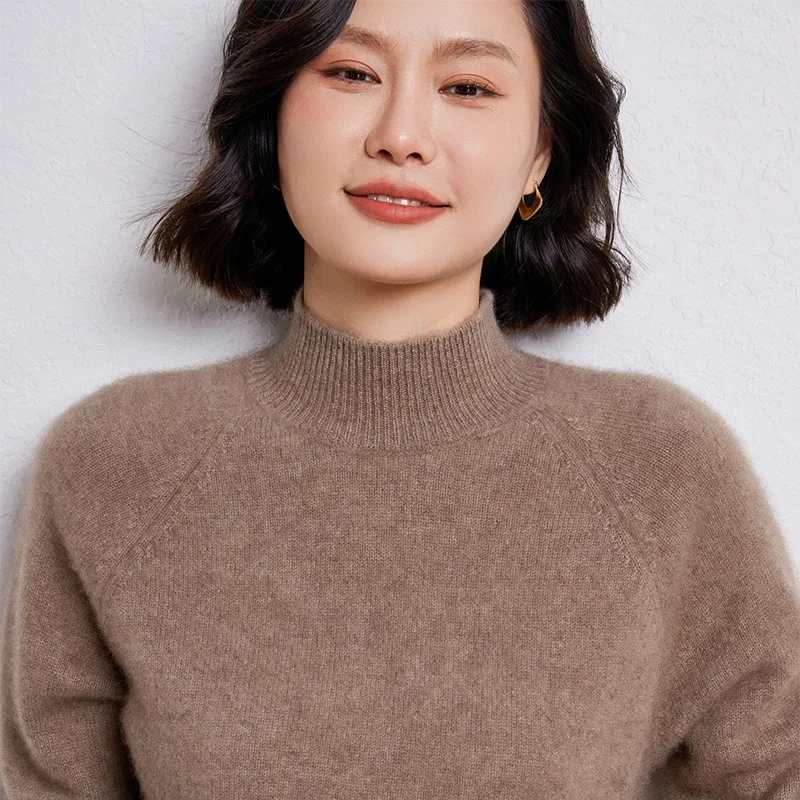 Maglione lavorato a maglia in lana merino al 100% Pullover larghi a collo semi-alto da donna Camicetta addensata a maniche lunghe alla moda Nuova camicia che tocca il fondo
