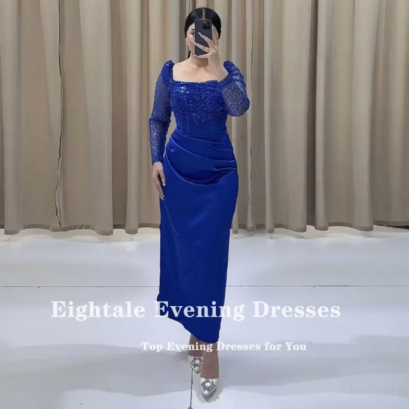 Eightale Tea Length Evening Dresses Sequined Long Sleeves Satin Royal Blue Custom Made Color Mermaid Prom Wedding Party Gown