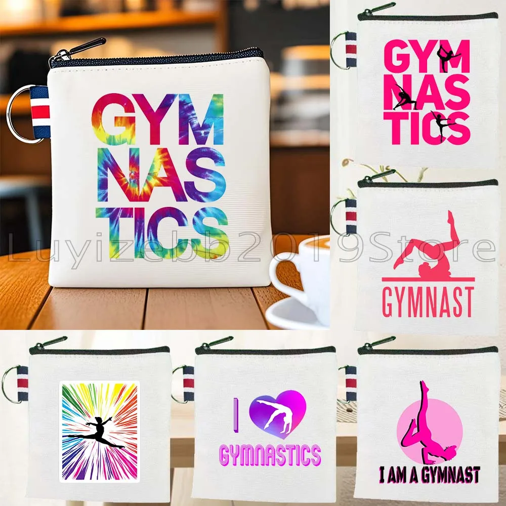 Cute Heart Gymnastics Girl Gymnast Sport Silhouette Color Rainbow Canvas Coin Purse Bag Square Key Storage Card Bag Wallet Pouch