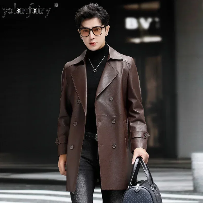 Autumn New Genuine Leather Coat Men's Sheepskin Mid Long Coats Male Suit Collar Double Breasted Natural Leather Clothing FCY5218