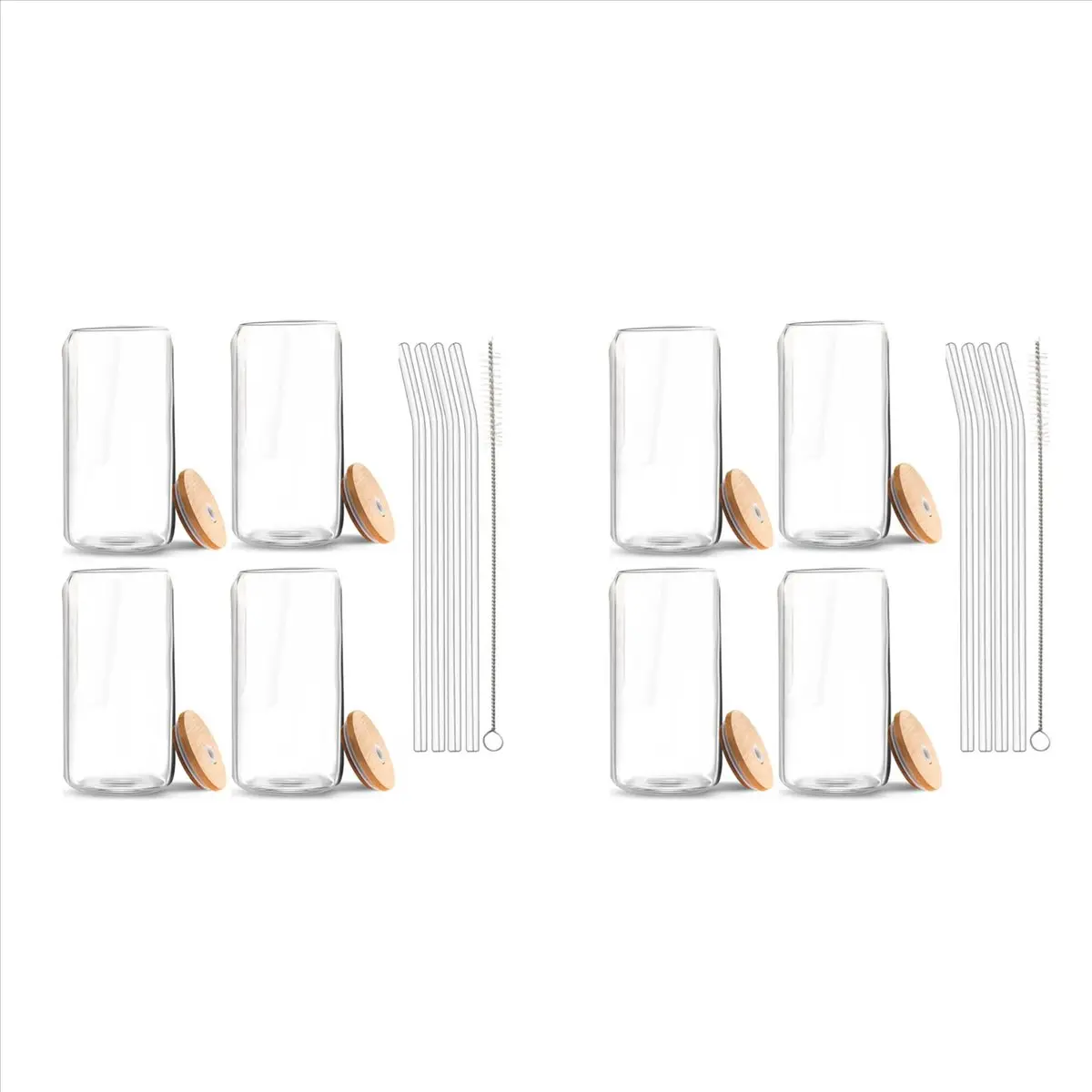 Okay Beer علبة زجاجية مع أغطية من الخيزران وقش زجاجي، 8 عبوات من أكواب الشرب سعة 16 أونصة مع أغطية وشفاطات، أكواب زجاجية على شكل علبة