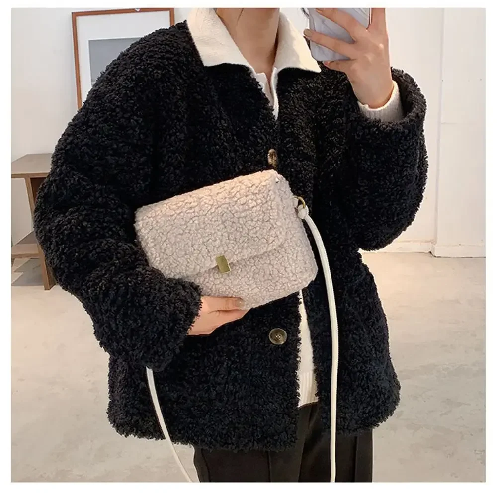 Women Lamb Wool Shoulder Bag Square Winter Autumn Soft Comfortable Cross-body Package Casual Portable Black Khaki White