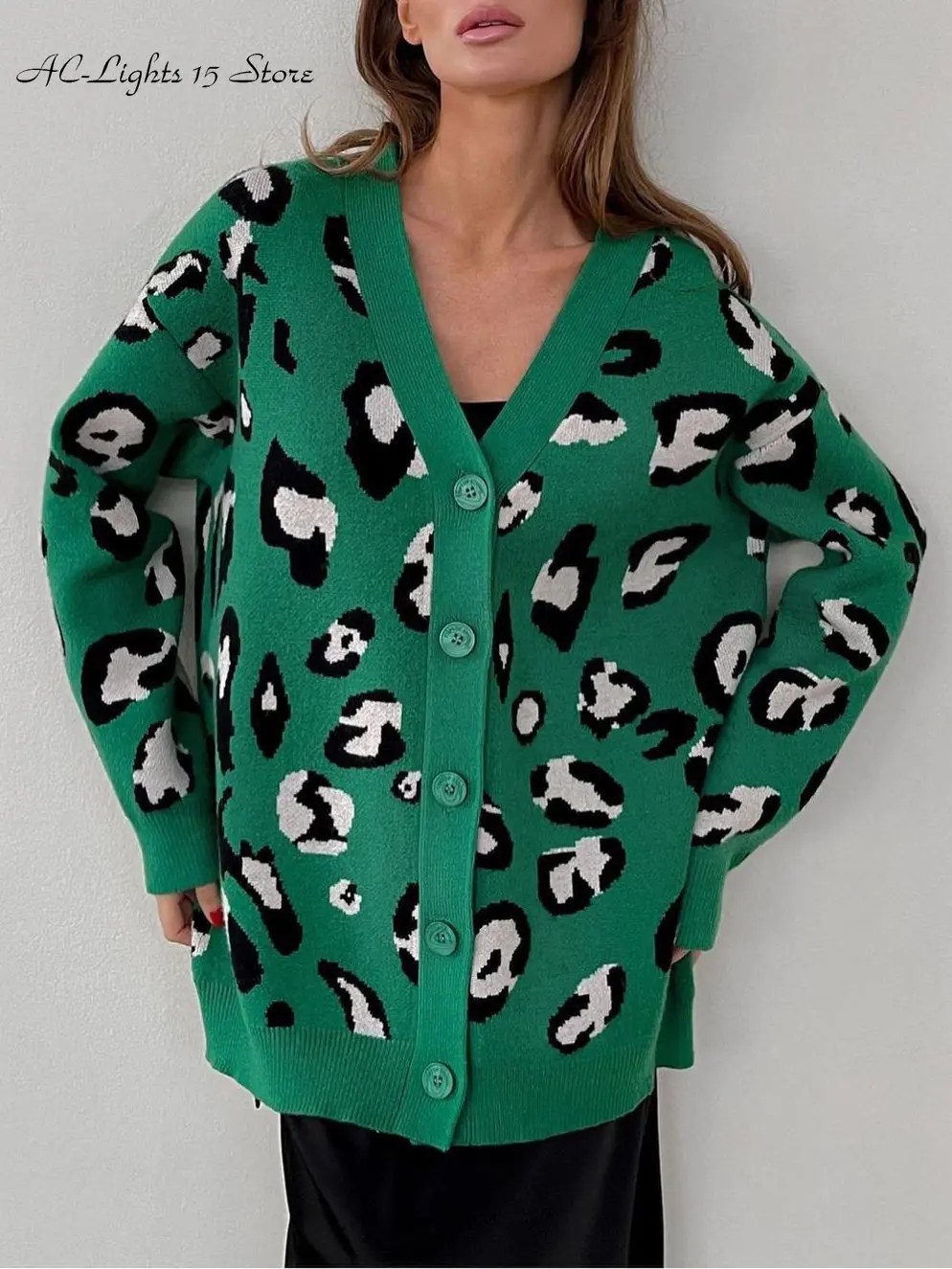 Winter Green Leopard Print Cardigan for Women Lazy Oversize Jacket with Buttons Loose Thick Warm Knitted Cardigan Women 2023 New