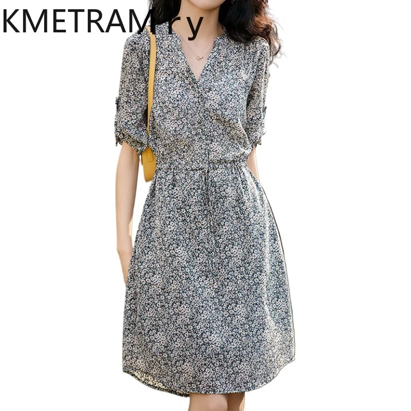 KMETRAM-vestido de seda de morera con estampado francés para mujer, vestidos pequeños de flores blancas, color gris, estilo delgado, novedad de verano, 2024