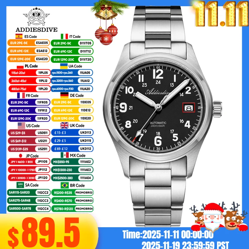 

ADDIESDIVE Men's Vintage Watch Calendar Display Sapphire Crystal 20Bar Diving BGW9 Super Luminous Automatic Mechanical Watches